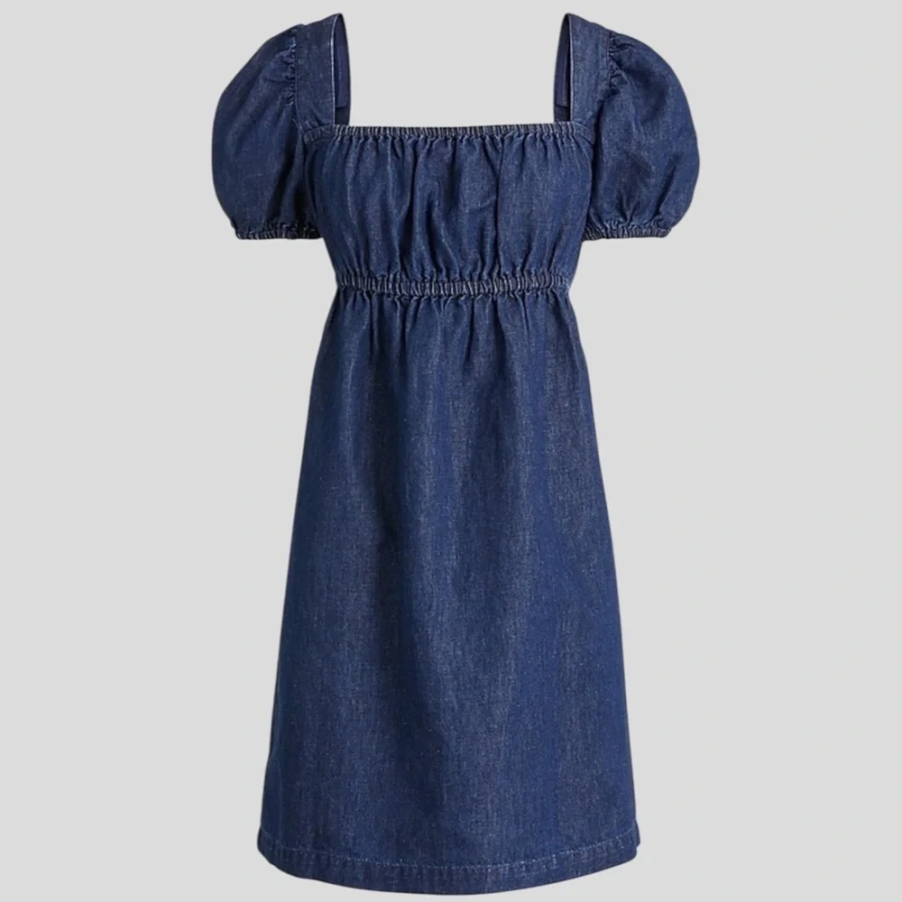 EUC J. Crew Linen Blend Denim Square Neck Puff Sleeve Dress Size 00 - Picture 3 of 9